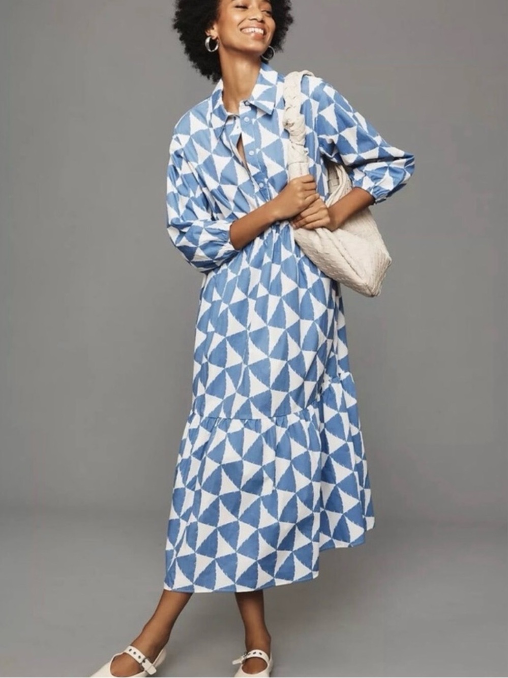 Anthropologie Bettina Blue Geometric Button-Front Midi Dress